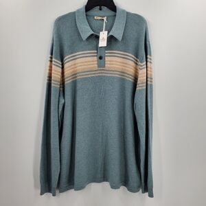 Men's Marine Layer Elias Sweater Polo Topaz Neutral Stripe Merino Blend NEW‎